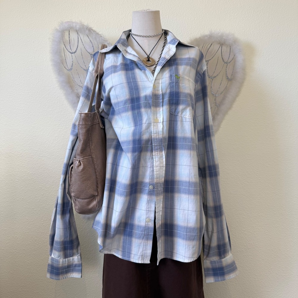 Y2K Preppy Plaid Long Sleeve Button Up Shirt Blue 2000s Academia Schoolgirl‎ dad